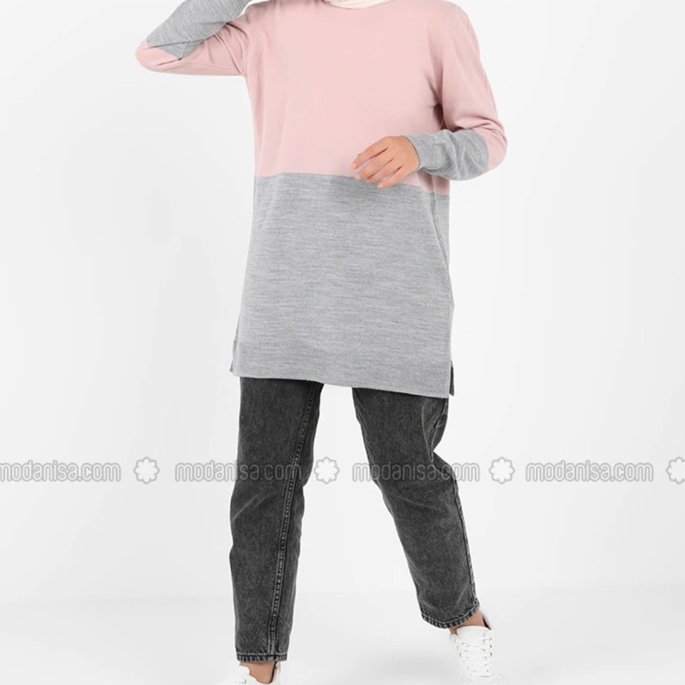 Color Block Crew Neck Sweater Tunic Powder